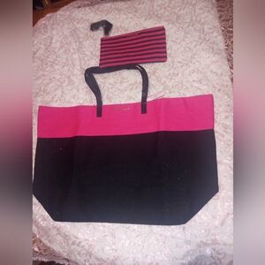 Victoria's Secret Pink and Black Tote Bag With Small Bag Inside